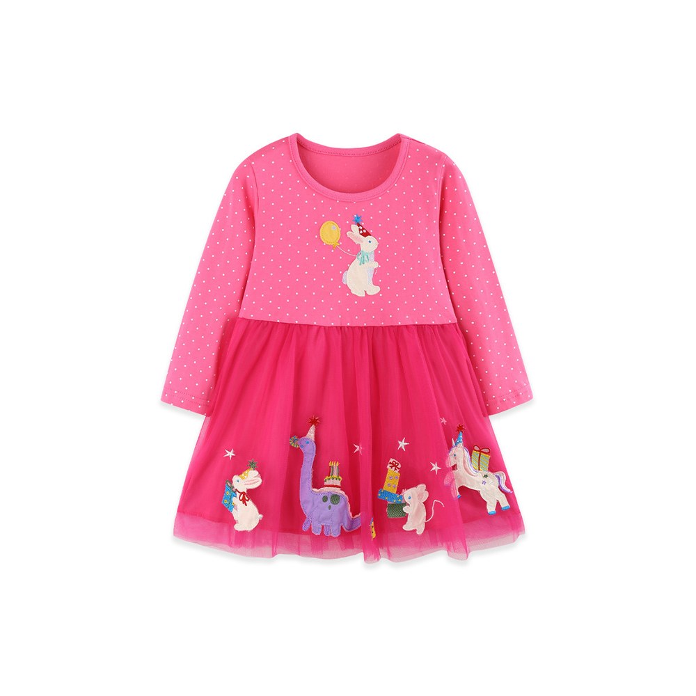Baby Kids Girls Long Sleeves Animals Cartoon Pattern Tulle Dress