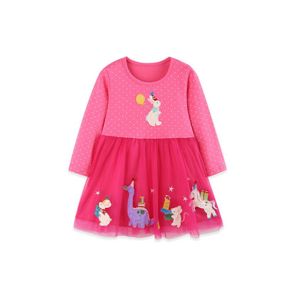 Baby Kids Girls Long Sleeves Animals Cartoon Pattern Tulle Dress