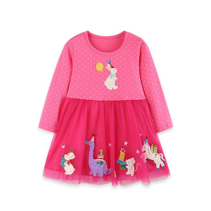 Baby Kids Girls Long Sleeves Animals Cartoon Pattern Tulle Dress