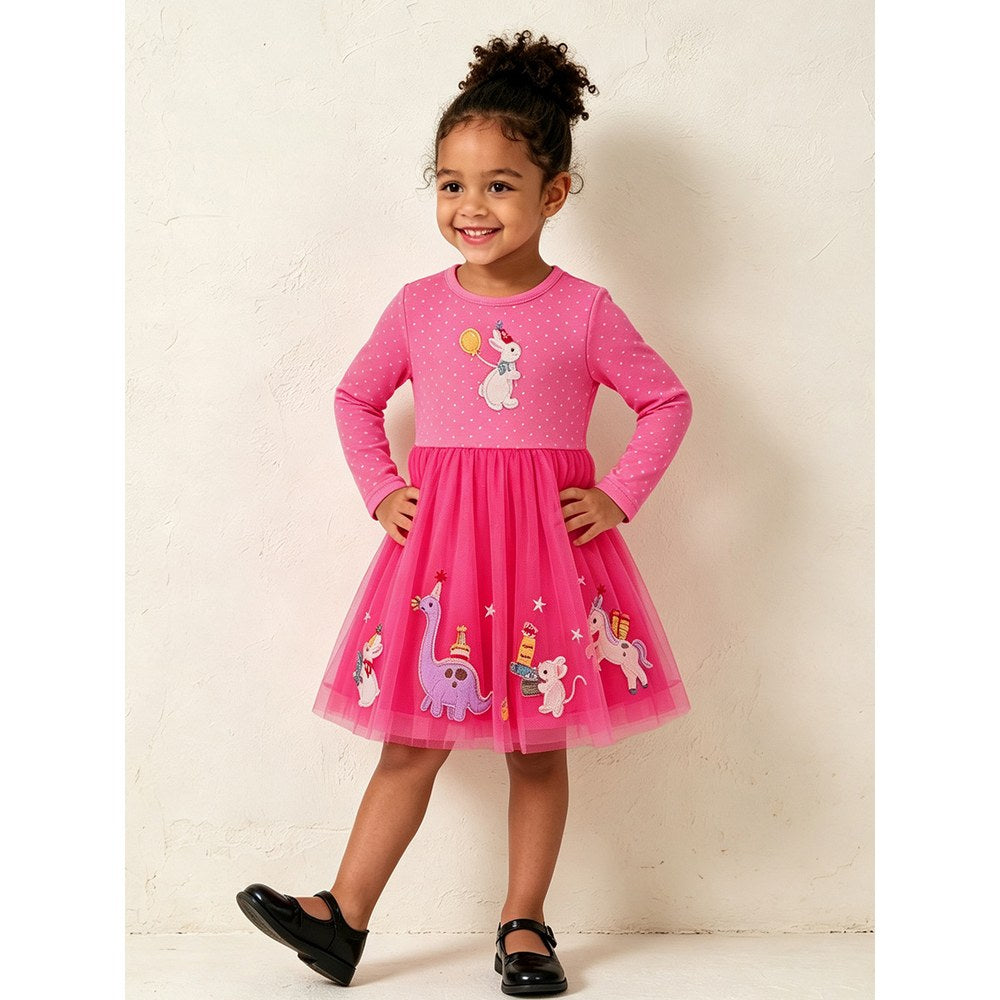 Baby Kids Girls Long Sleeves Animals Cartoon Pattern Tulle Dress