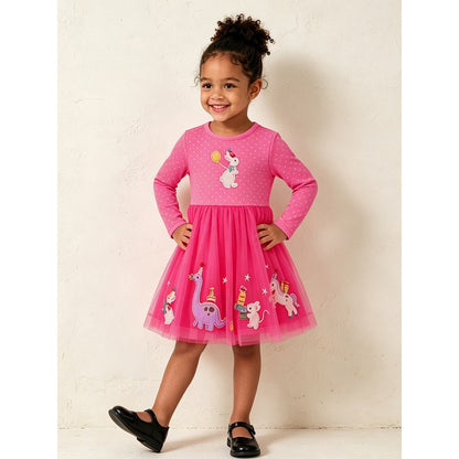 Baby Kids Girls Long Sleeves Animals Cartoon Pattern Tulle Dress