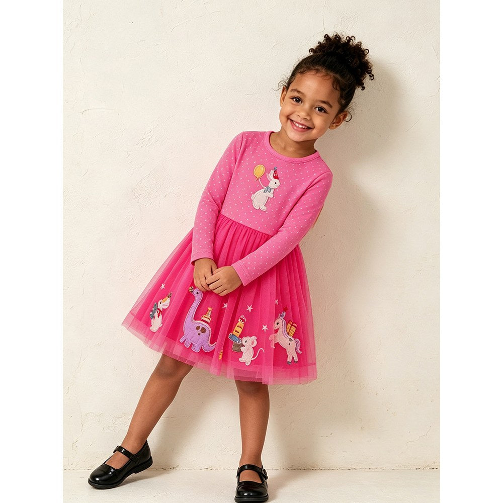 Baby Kids Girls Long Sleeves Animals Cartoon Pattern Tulle Dress