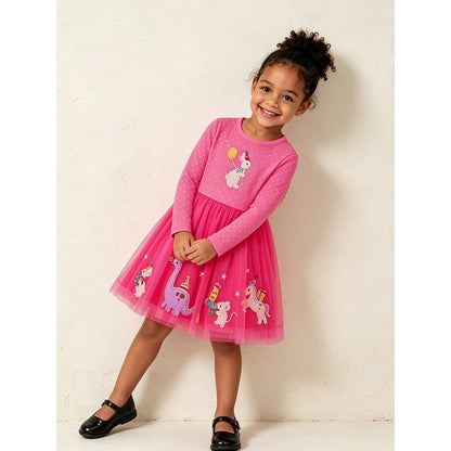 Baby Kids Girls Long Sleeves Animals Cartoon Pattern Tulle Dress