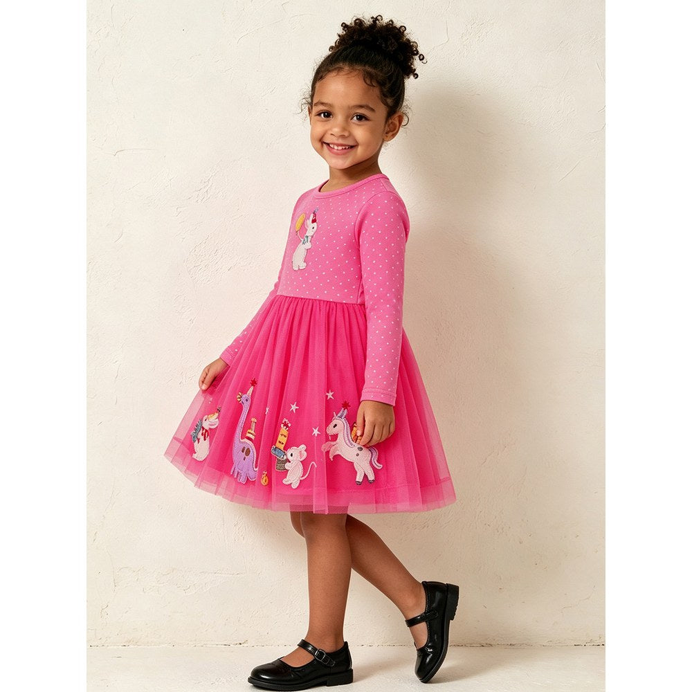 Baby Kids Girls Long Sleeves Animals Cartoon Pattern Tulle Dress