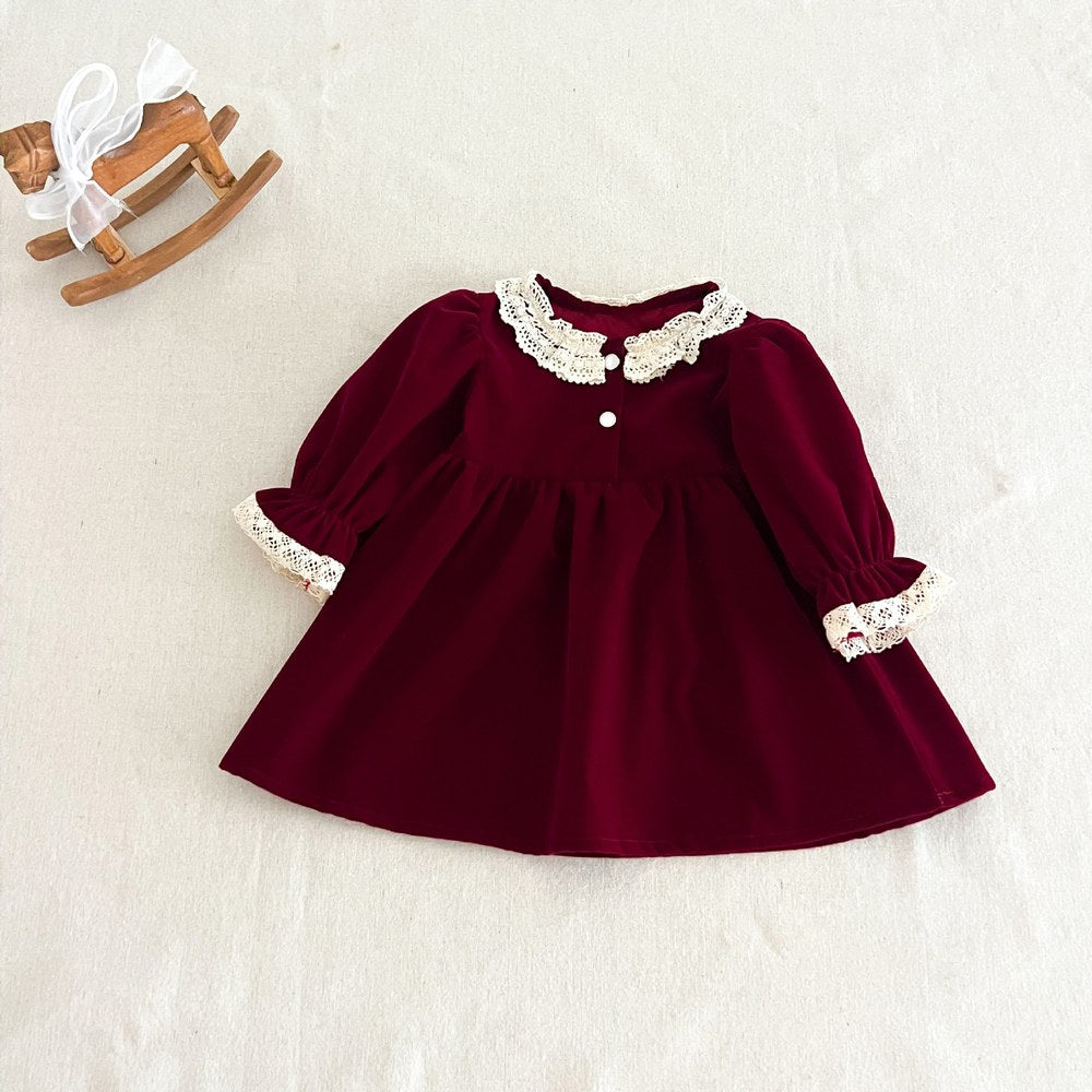 Baby Kids Girls Princess Vintage Long Sleeves Lace Trim Dress