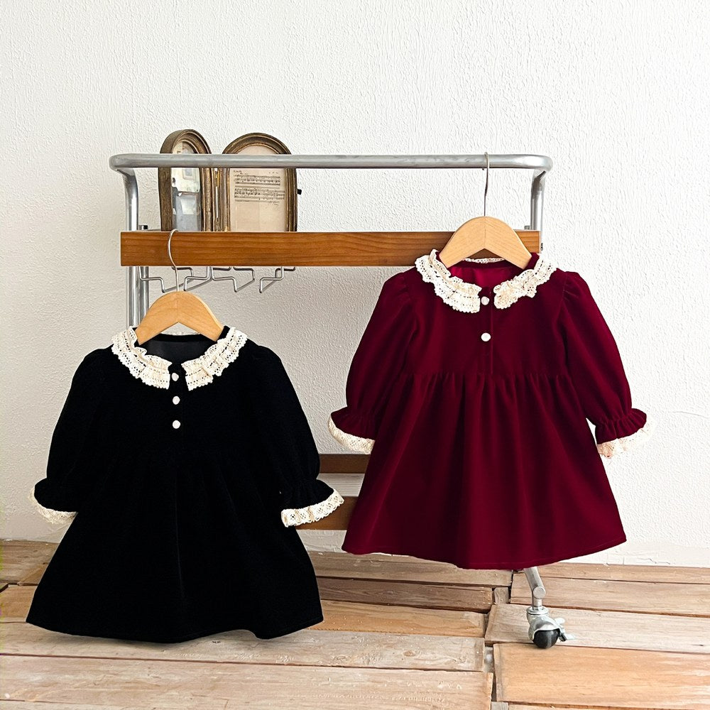 Baby Kids Girls Princess Vintage Long Sleeves Lace Trim Dress
