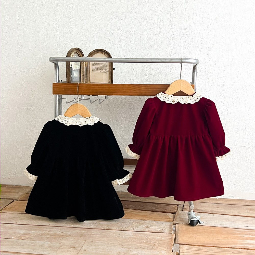 Baby Kids Girls Princess Vintage Long Sleeves Lace Trim Dress
