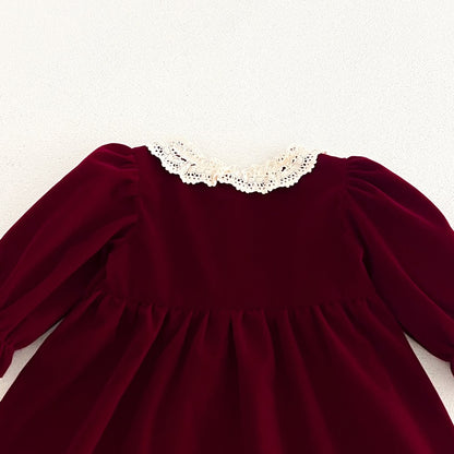 Baby Kids Girls Princess Vintage Long Sleeves Lace Trim Dress