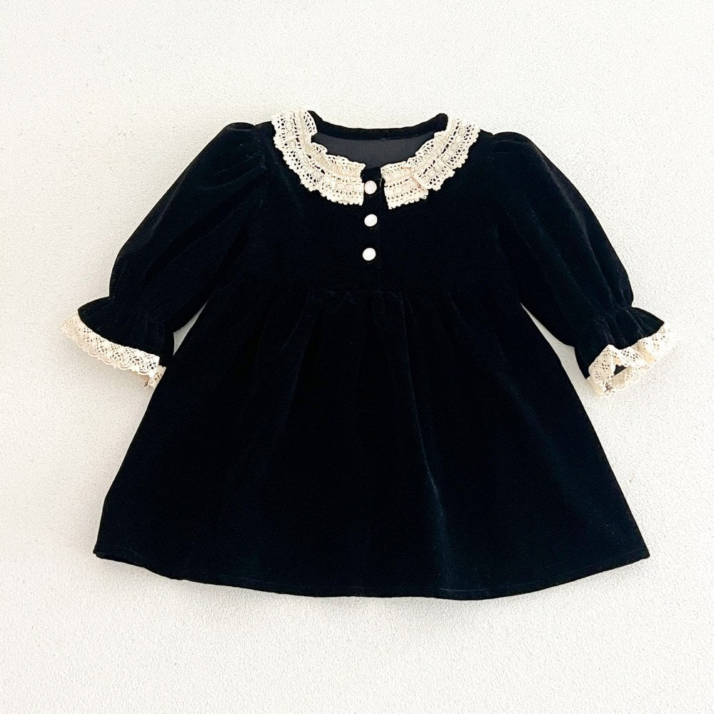 Baby Kids Girls Princess Vintage Long Sleeves Lace Trim Dress