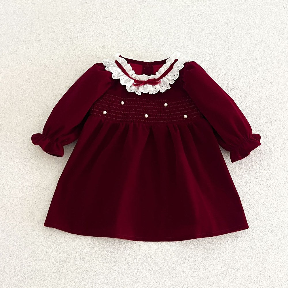 Baby Kids Girls Princess Vintage Long Sleeves Lace Trim Dress