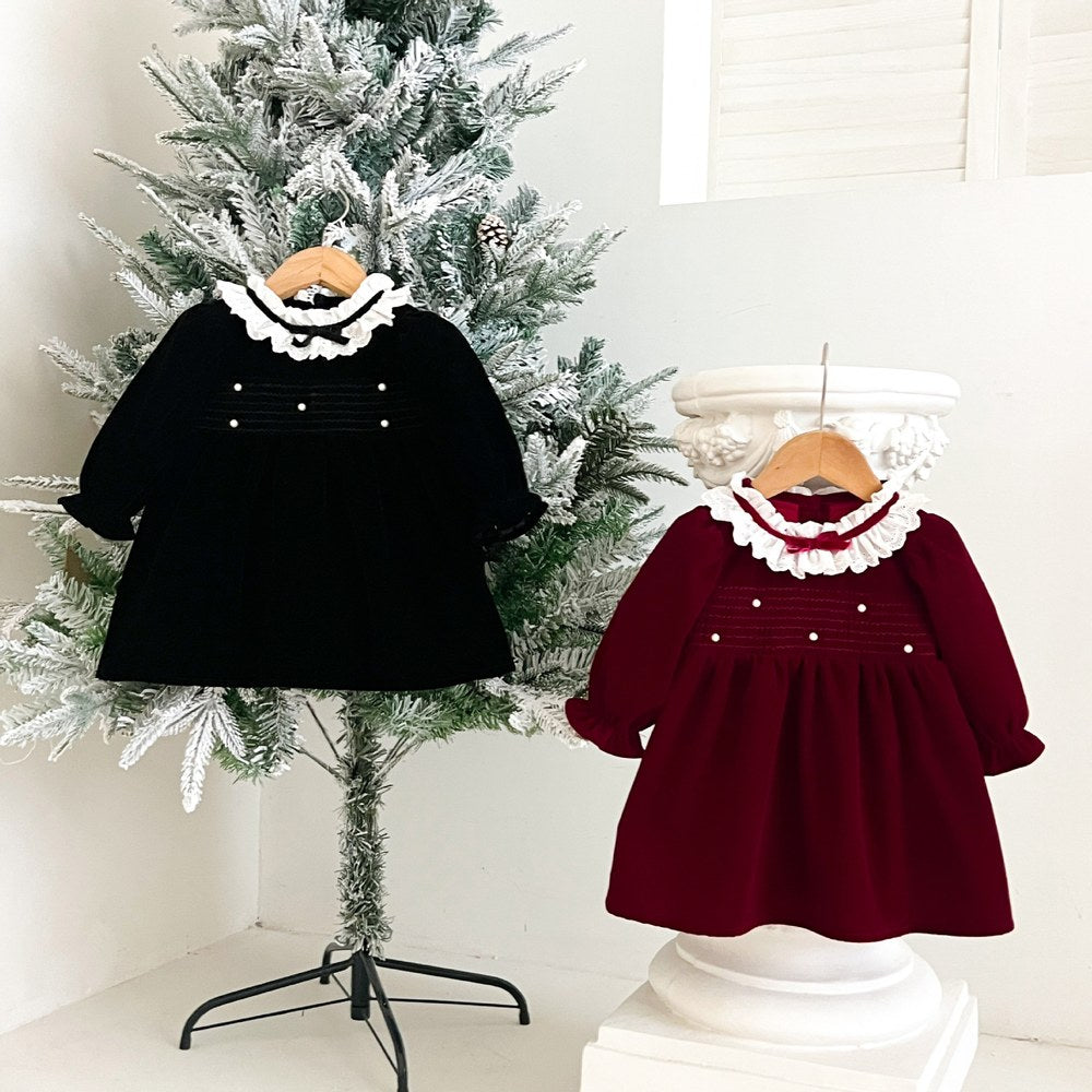Baby Kids Girls Princess Vintage Long Sleeves Lace Trim Dress