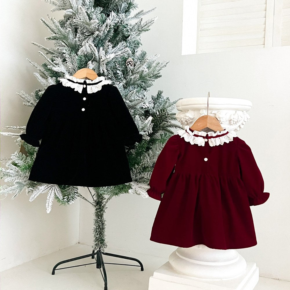Baby Kids Girls Princess Vintage Long Sleeves Lace Trim Dress