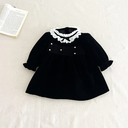 Baby Kids Girls Princess Vintage Long Sleeves Lace Trim Dress
