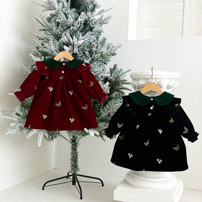 Baby Kids Girls Princess Long Sleeves Flowers Embroidered Dress