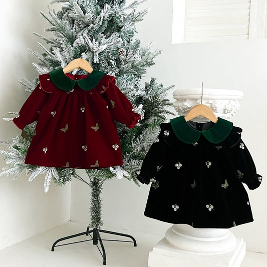 Baby Kids Girls Princess Long Sleeves Flowers Embroidered Dress