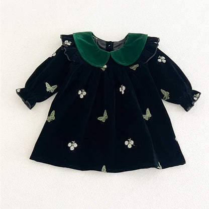 Baby Kids Girls Princess Long Sleeves Flowers Embroidered Dress