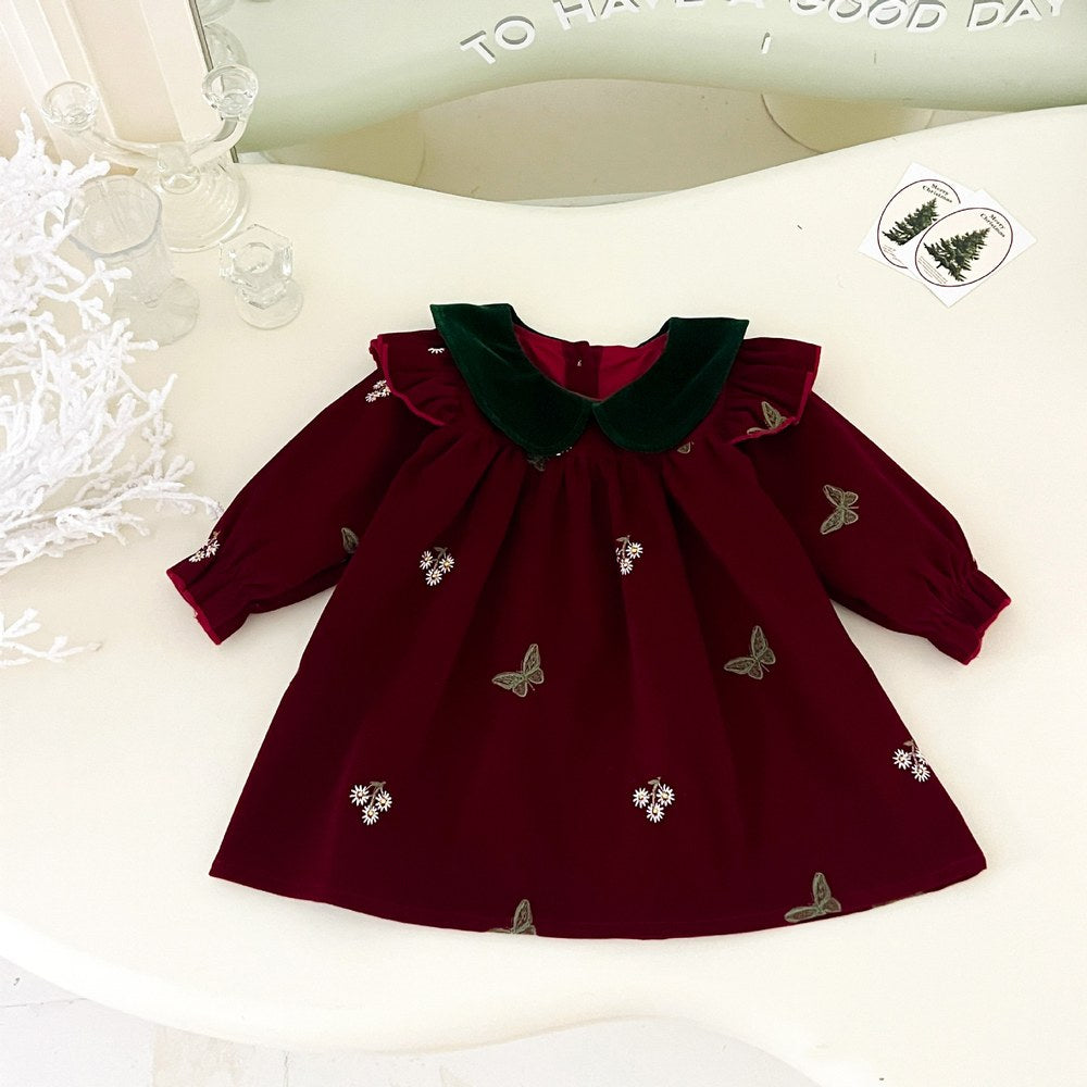 Baby Kids Girls Princess Long Sleeves Flowers Embroidered Dress
