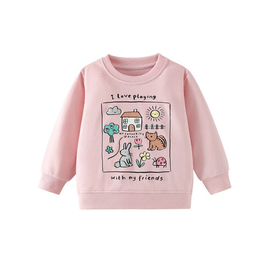 Kids Girls Cartoon and Letters Print Crew Neck Long Sleeves Pullover