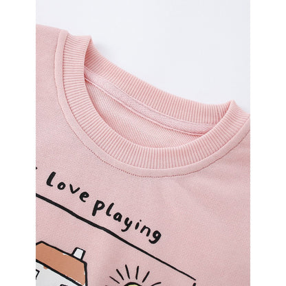 Kids Girls Cartoon and Letters Print Crew Neck Long Sleeves Pullover