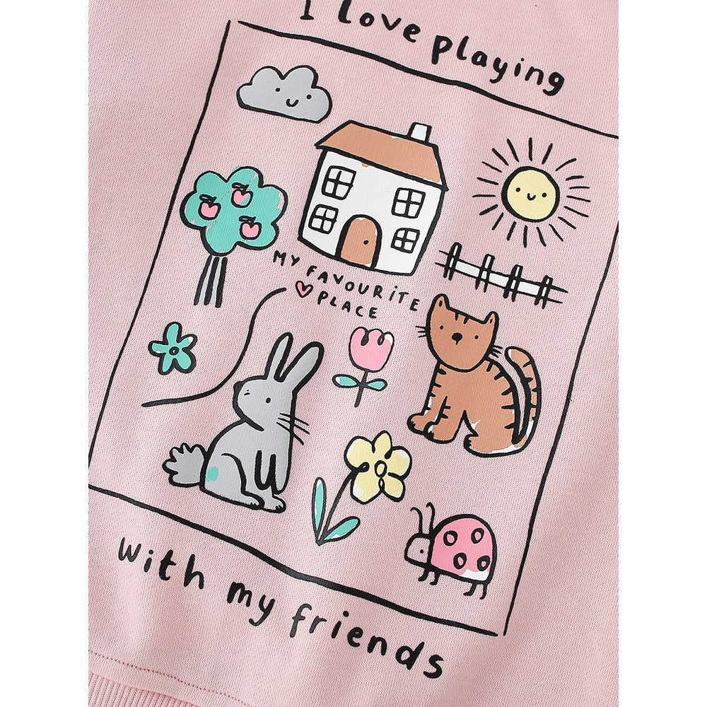 Kids Girls Cartoon and Letters Print Crew Neck Long Sleeves Pullover