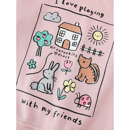 Kids Girls Cartoon and Letters Print Crew Neck Long Sleeves Pullover