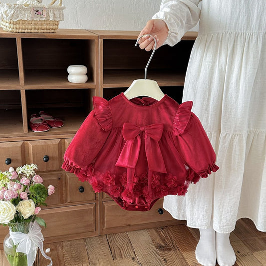 Baby Girls Long Sleeves Red Tulle Bodysuit Dress