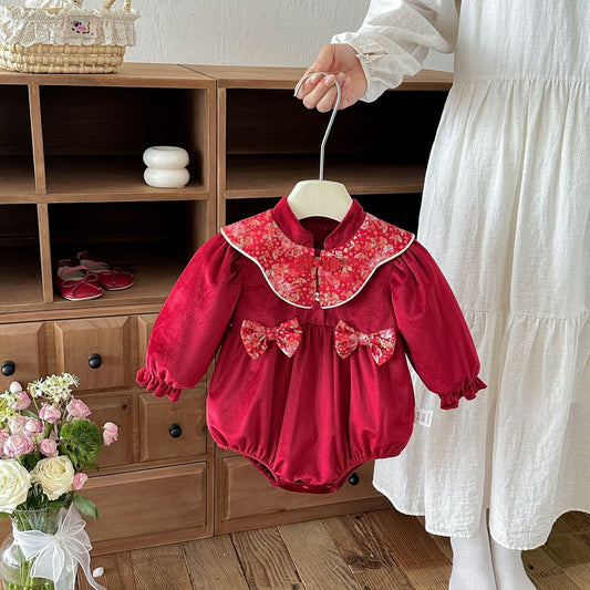 Baby Girls Long Sleeves Flowers Pattern Red Bodysuit