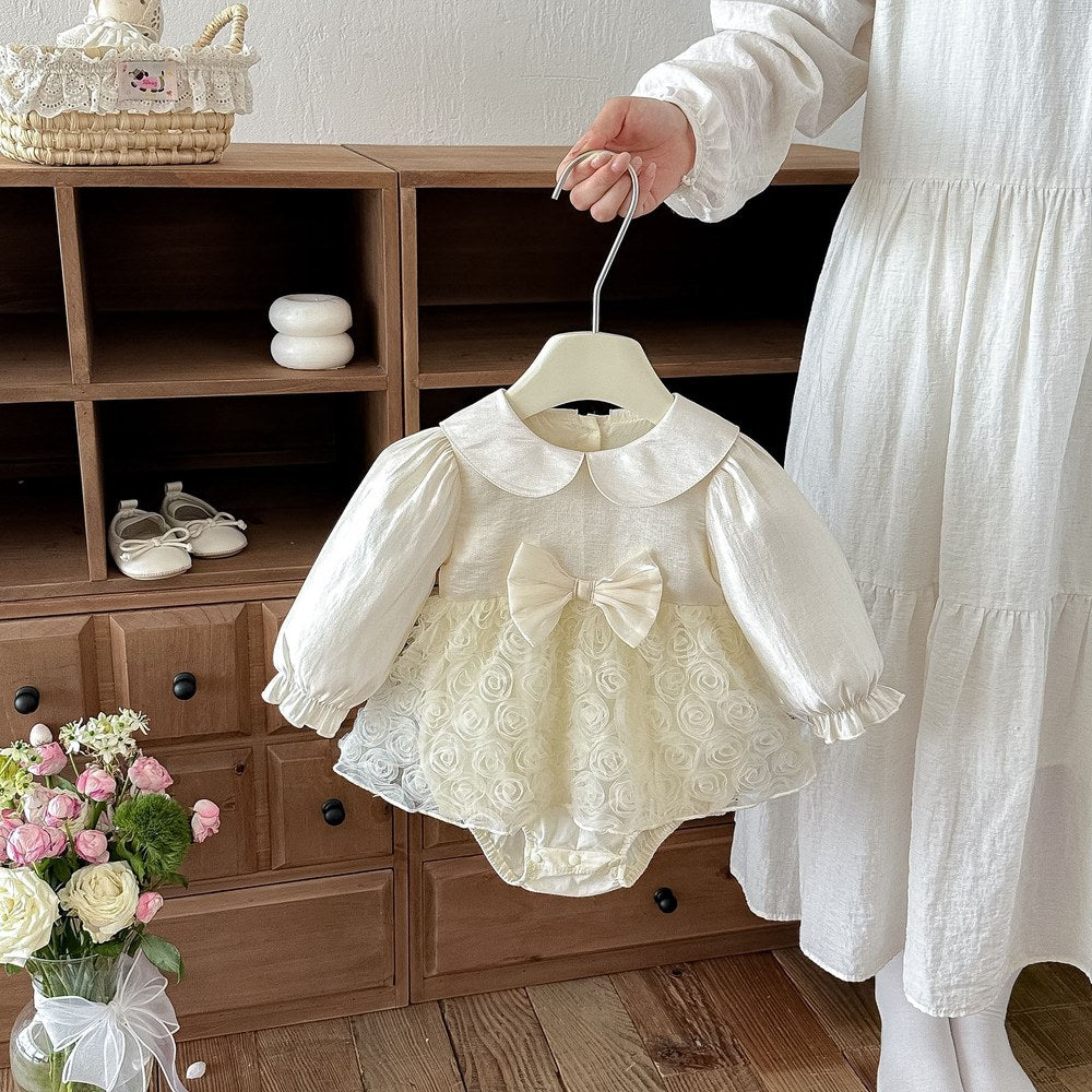 Baby Girls Long Sleeves Flowers Pattern Tulle Bodysuit Dress