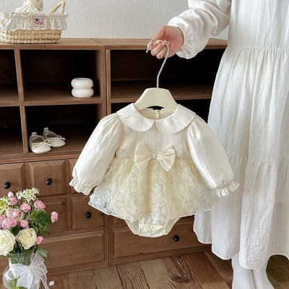 Baby Girls Long Sleeves Flowers Pattern Tulle Bodysuit Dress