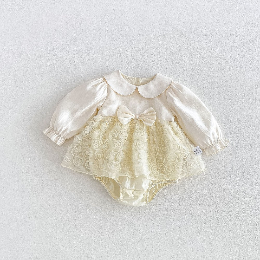 Baby Girls Long Sleeves Flowers Pattern Tulle Bodysuit Dress