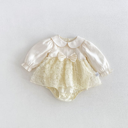 Baby Girls Long Sleeves Flowers Pattern Tulle Bodysuit Dress