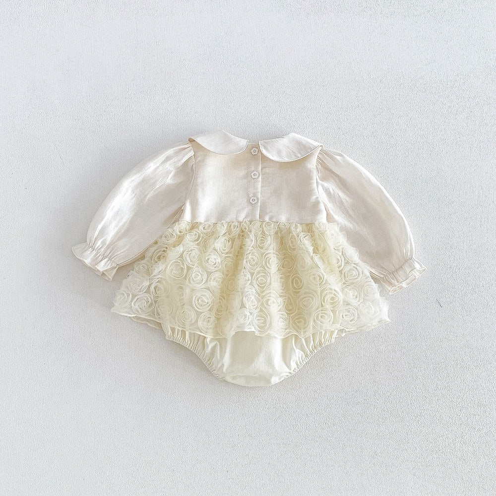 Baby Girls Long Sleeves Flowers Pattern Tulle Bodysuit Dress