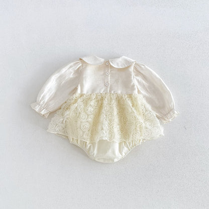 Baby Girls Long Sleeves Flowers Pattern Tulle Bodysuit Dress
