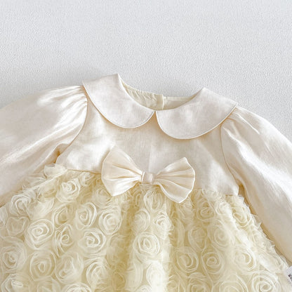 Baby Girls Long Sleeves Flowers Pattern Tulle Bodysuit Dress