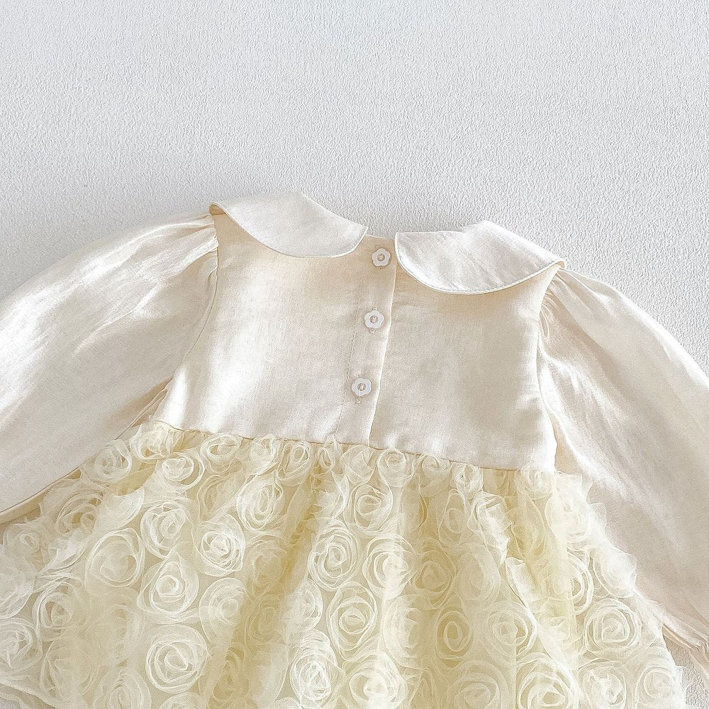 Baby Girls Long Sleeves Flowers Pattern Tulle Bodysuit Dress