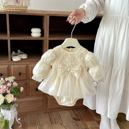 Baby Girls Long Sleeves Flowers Pattern Tulle Bodysuit Dress