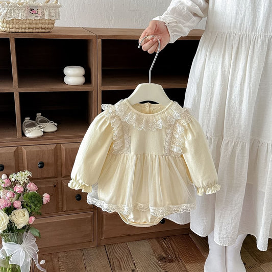 Baby Girls Long Sleeves Flowers Pattern Tulle Bodysuit Dress