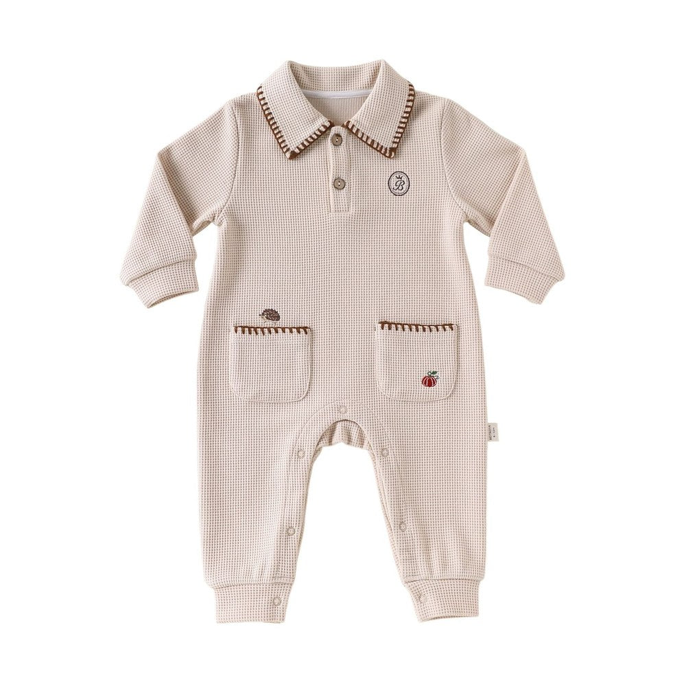 Baby Kids Unisex Long Sleeves Embroidery Pattern Waffle Grid Rompers