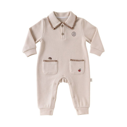 Baby Kids Unisex Long Sleeves Embroidery Pattern Waffle Grid Rompers