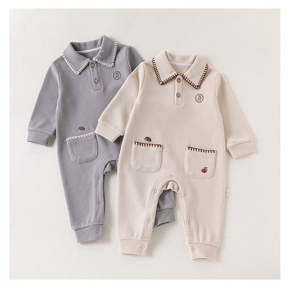 Baby Kids Unisex Long Sleeves Embroidery Pattern Waffle Grid Rompers