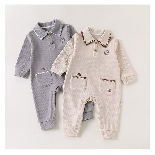 Baby Kids Unisex Long Sleeves Embroidery Pattern Waffle Grid Rompers