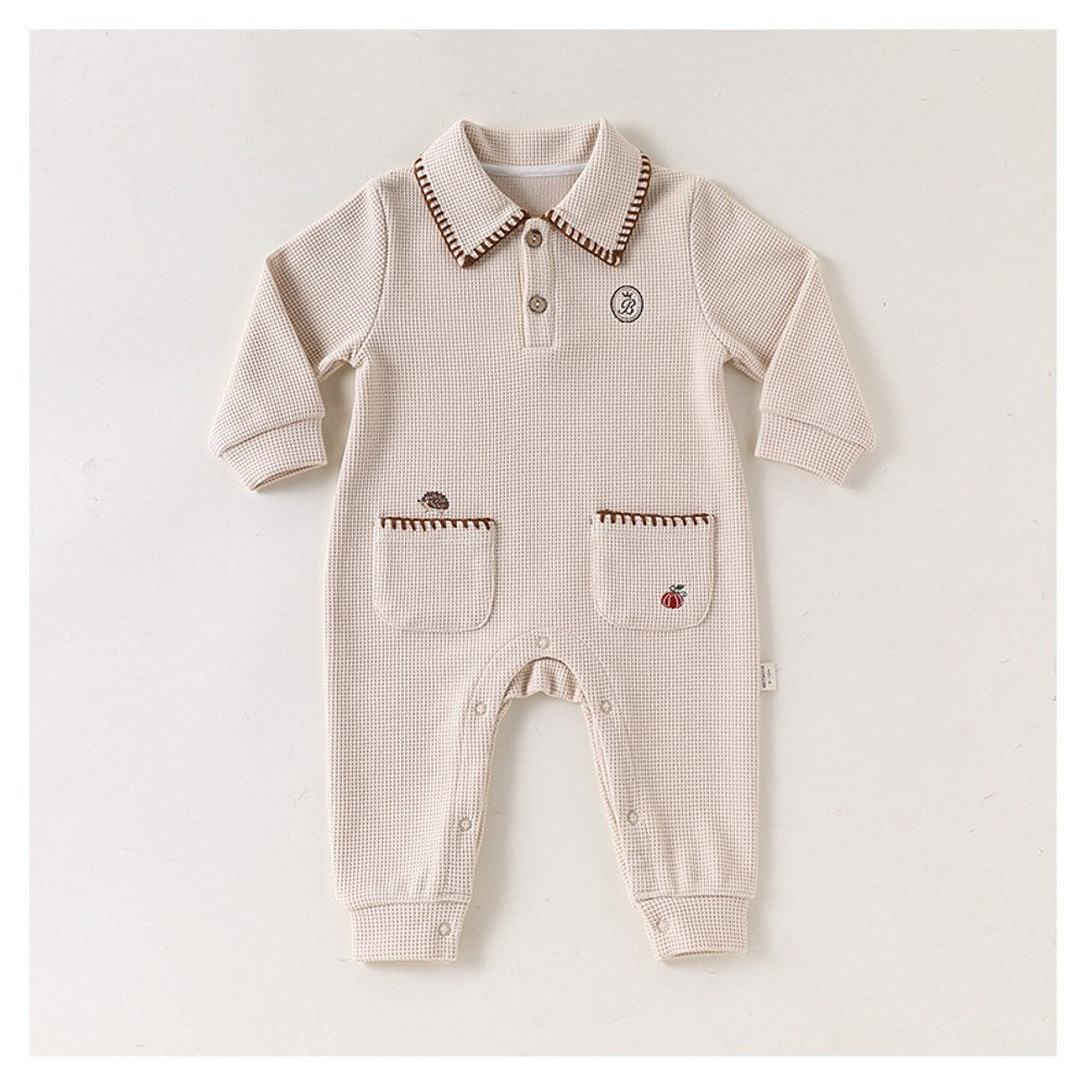 Baby Kids Unisex Long Sleeves Embroidery Pattern Waffle Grid Rompers