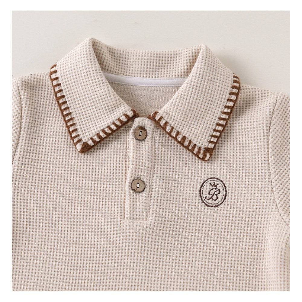 Baby Kids Unisex Long Sleeves Embroidery Pattern Waffle Grid Rompers