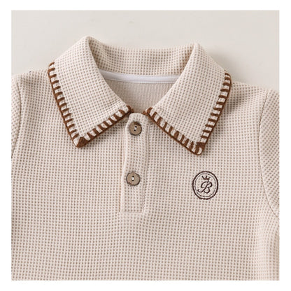 Baby Kids Unisex Long Sleeves Embroidery Pattern Waffle Grid Rompers