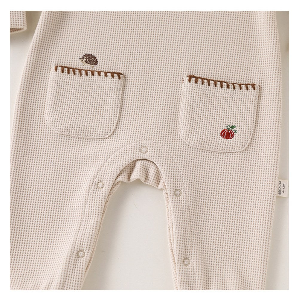 Baby Kids Unisex Long Sleeves Embroidery Pattern Waffle Grid Rompers