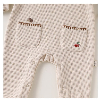 Baby Kids Unisex Long Sleeves Embroidery Pattern Waffle Grid Rompers