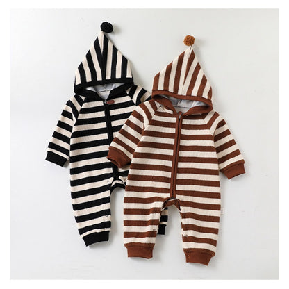 Baby Kids Unisex Long Sleeves Striped Pattern Hooded Rompers