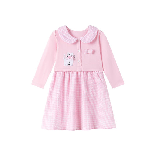 Baby Kids Girls Princess Plaid Pattern Long Sleeves Peter Pan Collar Dress