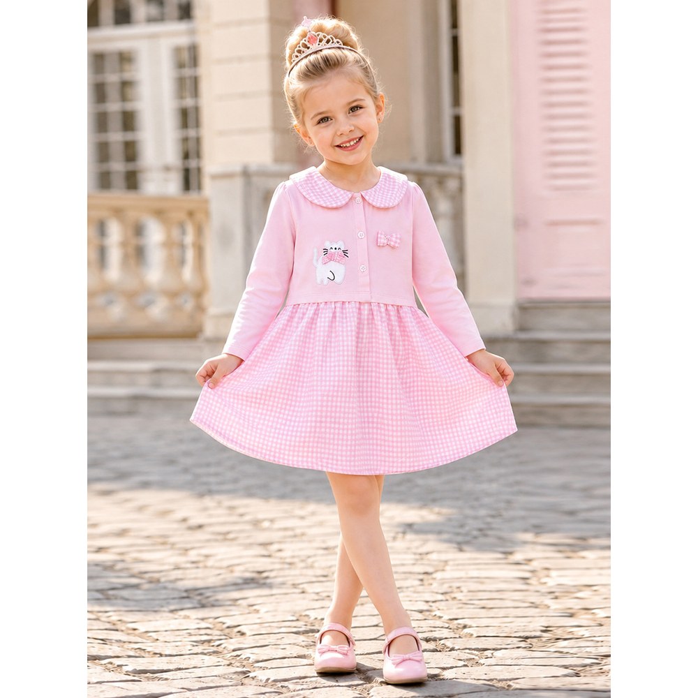 Baby Kids Girls Princess Plaid Pattern Long Sleeves Peter Pan Collar Dress