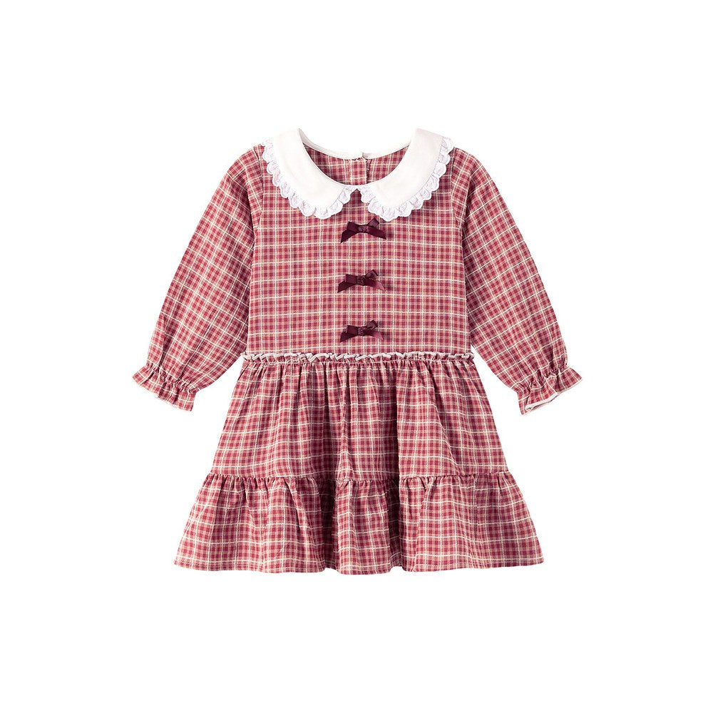Baby Kids Girls Princess Plaid Pattern Long Sleeves Peter Pan Collar Dress